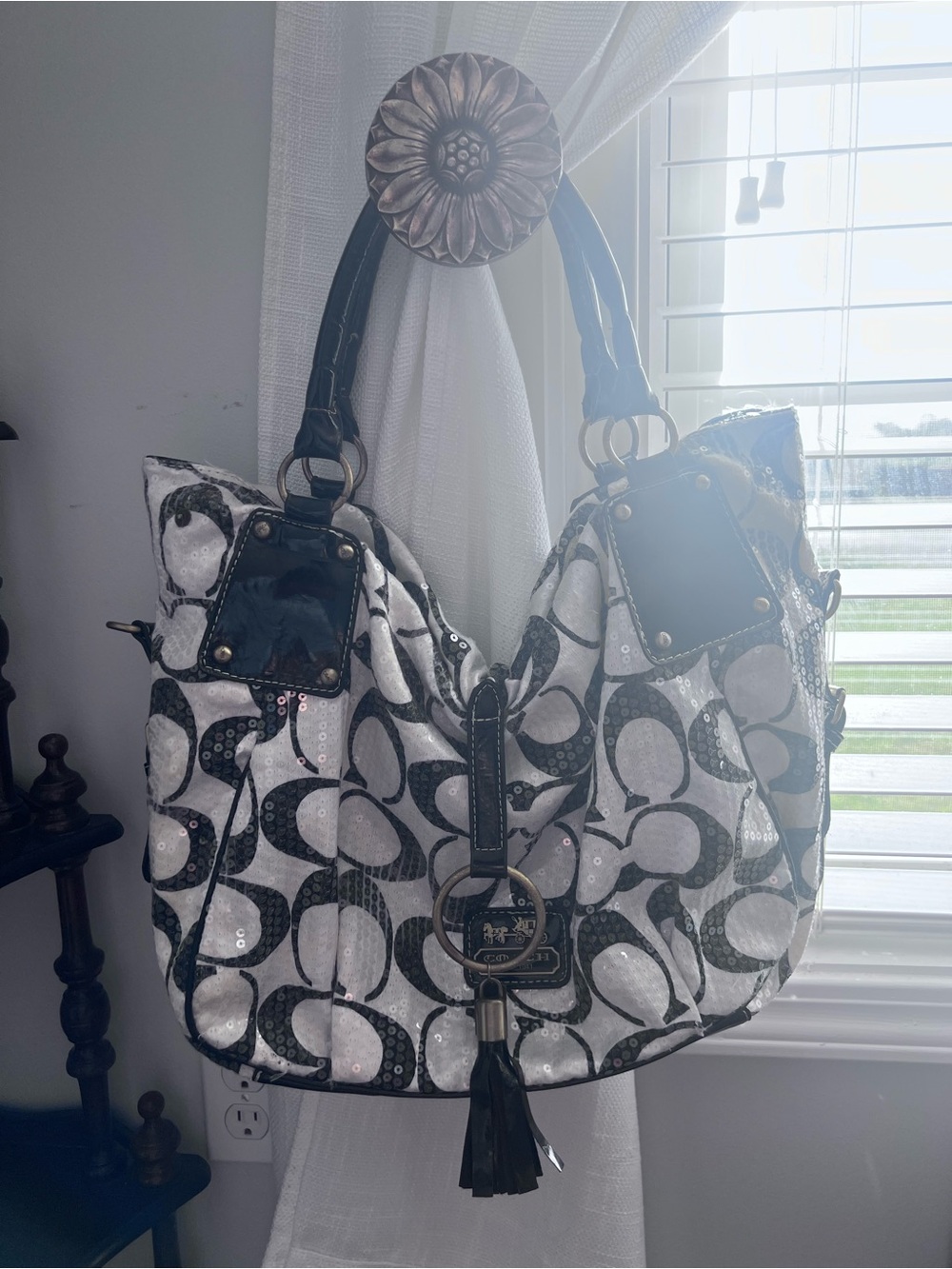 Coach White and Black Signature Sequin Hobo with Tassel
